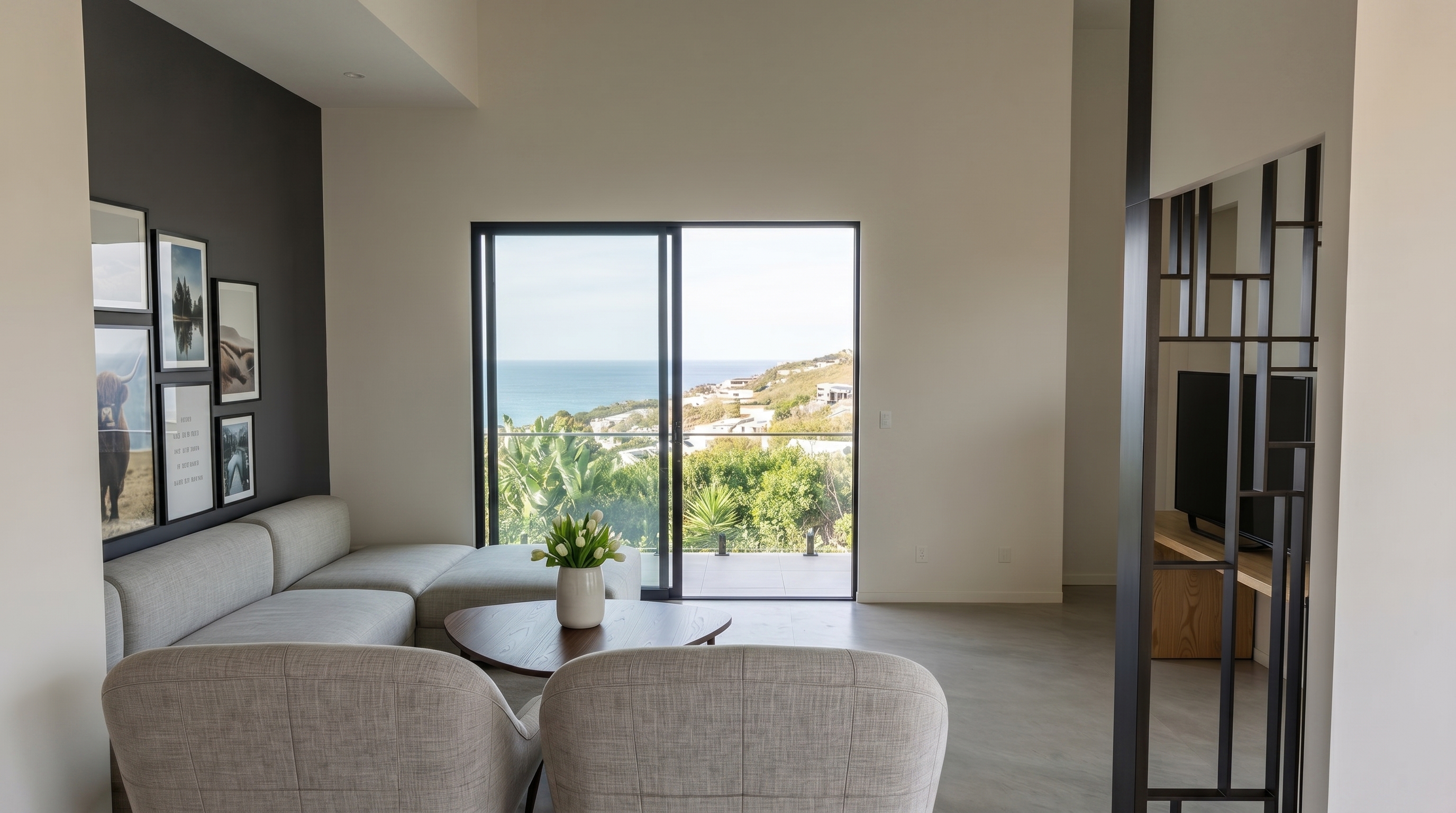 Living corner with framed photography opening onto the sea terrace.