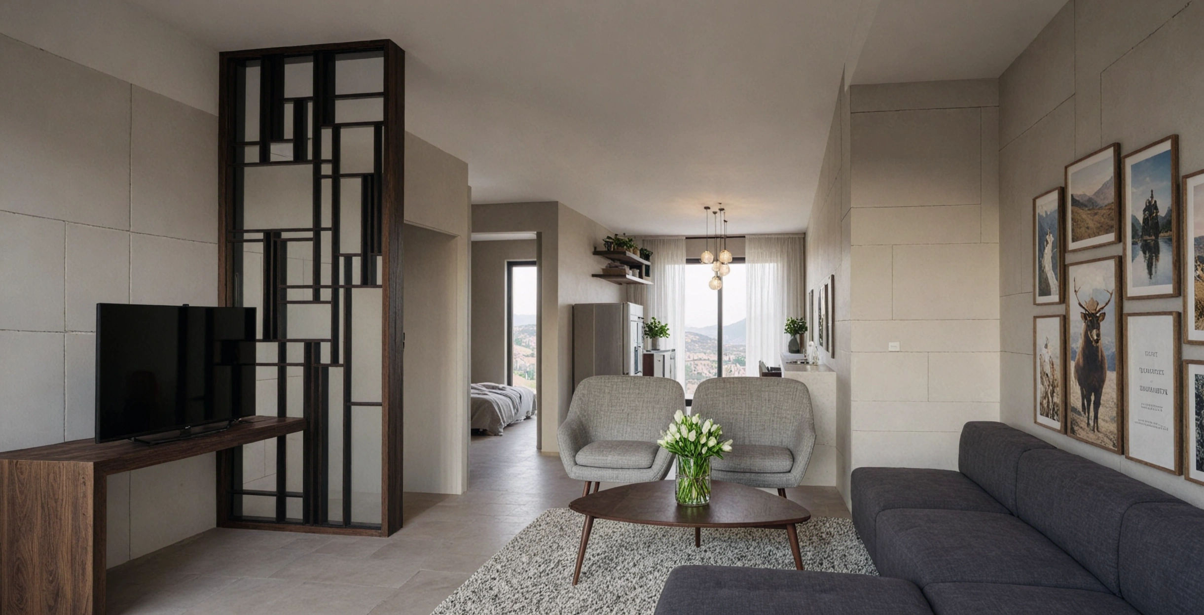 Family lounge with geometric metal screen and gallery wall, mountain view beyond.