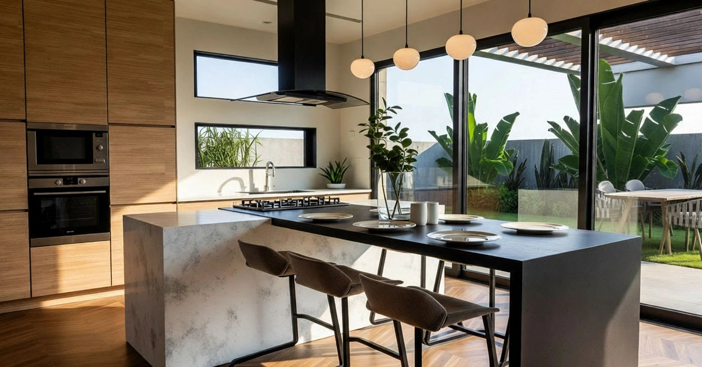 Chef's kitchen with concrete-cast island, leather counter seating and statement pendants.