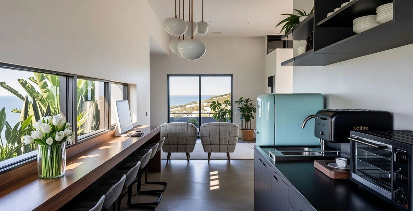 Built-in study console set along a window of hills, with sculpted pendants overhead.