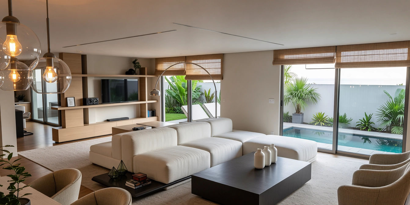 Reception room opening to the elevated pool through full-height glass — Attica Riviera, Greece